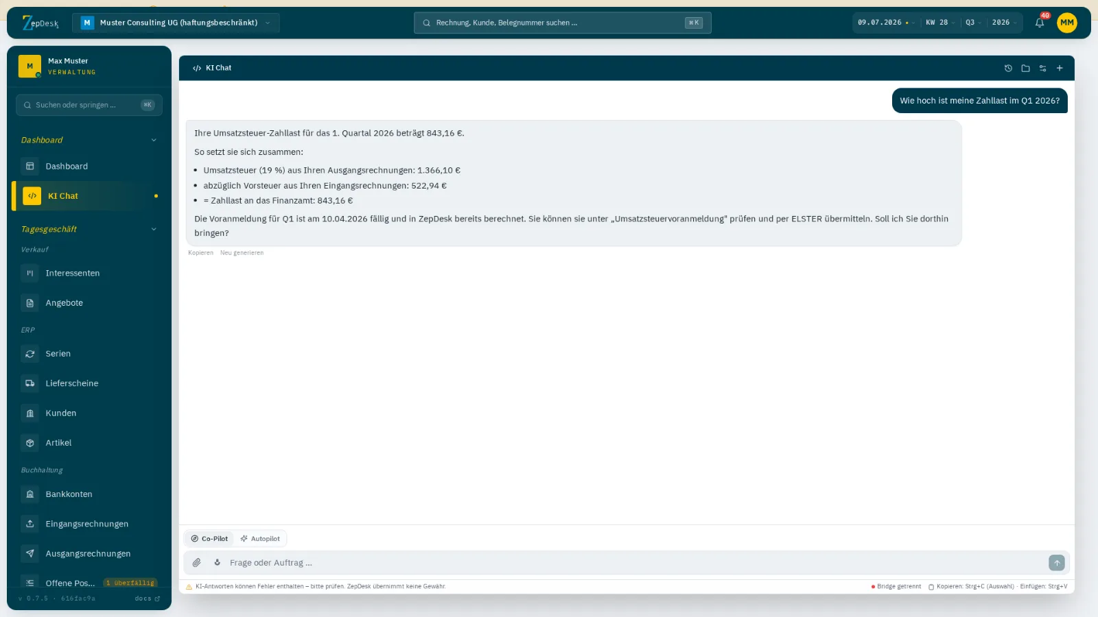 ZepDesk KI-Chat mit hinterlegtem eigenem Schlüssel, Original-Screenshot mit Demo-Daten