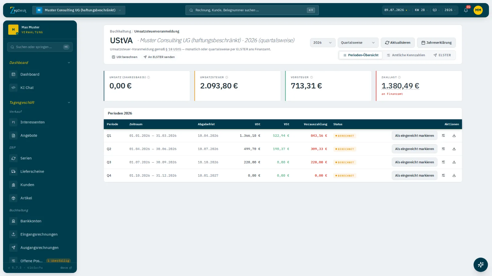ZepDesk UStVA mit amtlichen Kennzahlen und ELSTER-Versand, Original-Screenshot mit Demo-Daten